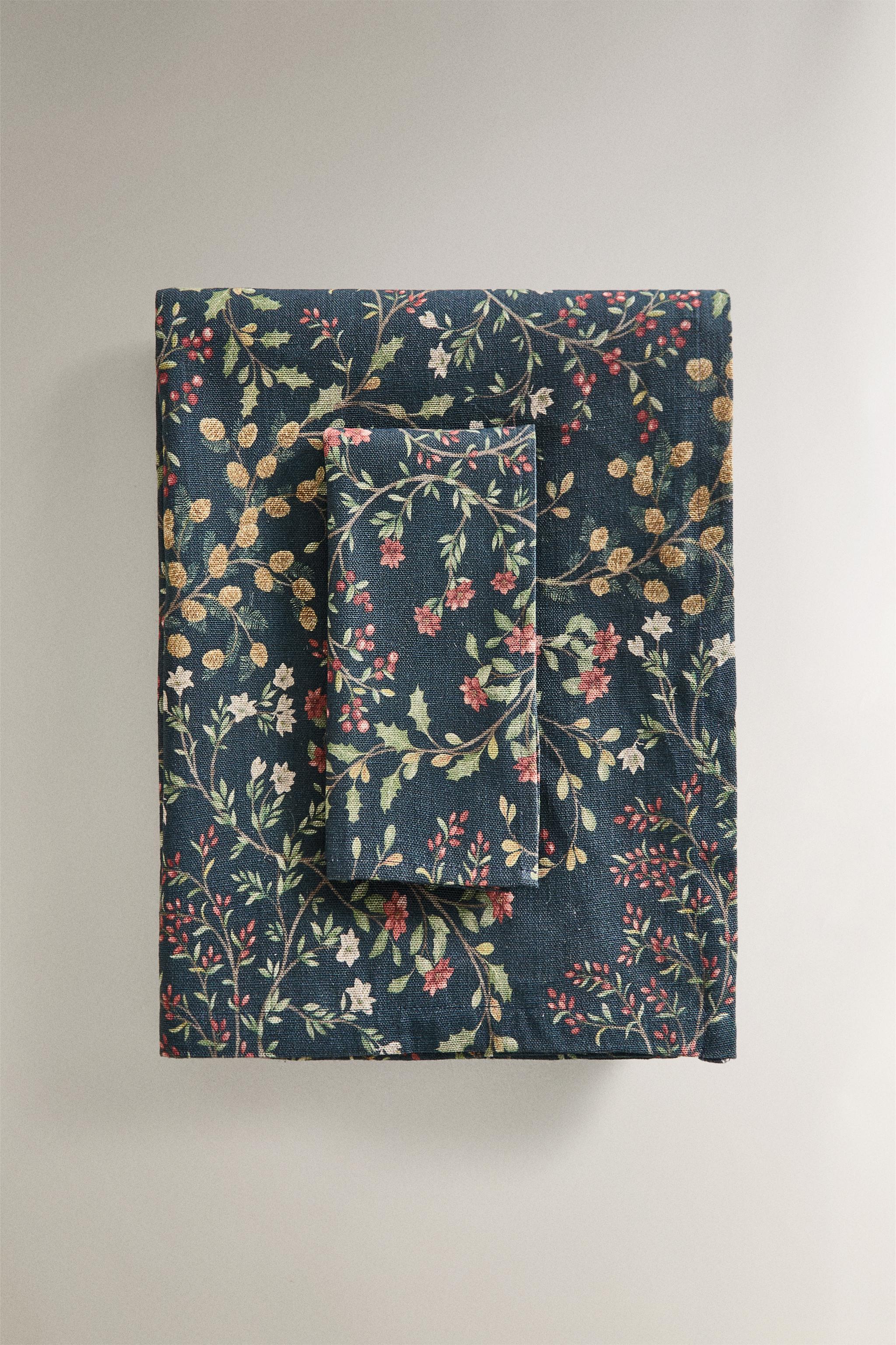 CHRISTMAS FLORAL COTTON LINEN TABLECLOTH